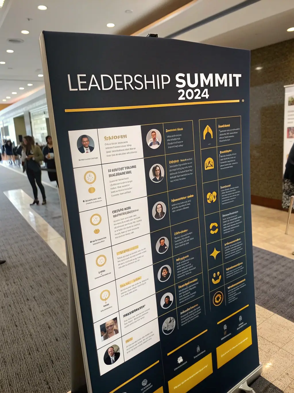 A detailed schedule graphic for the 'Leadership Summit 2024' conference, showing session times, speaker names, and room locations.