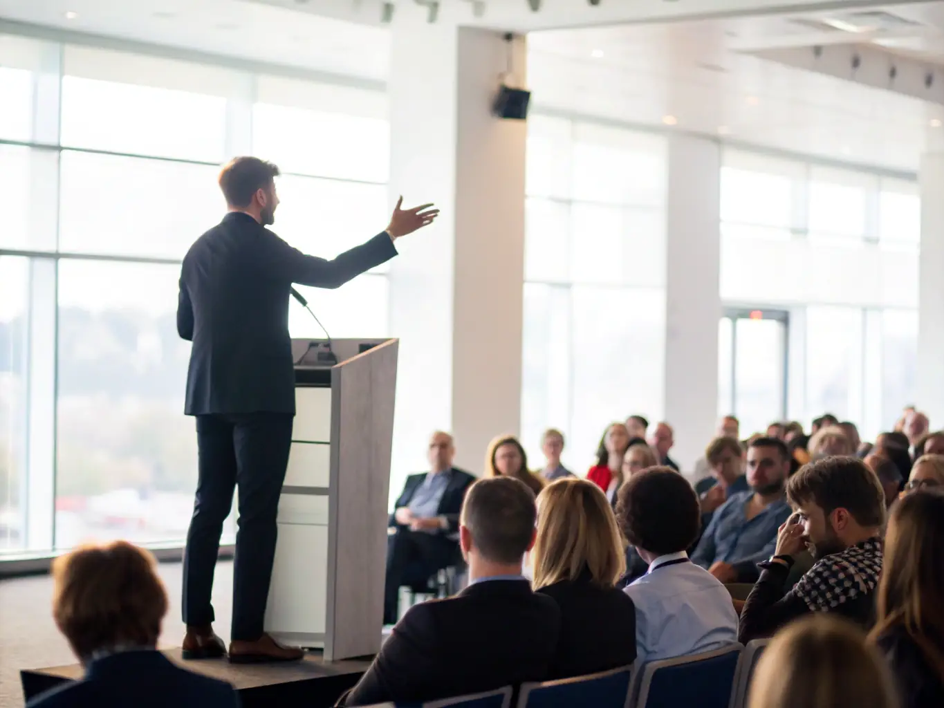 A vibrant photograph capturing a keynote speaker addressing a large audience at a business conference in Mumbai, India. The speaker is energetic and the audience is engaged.