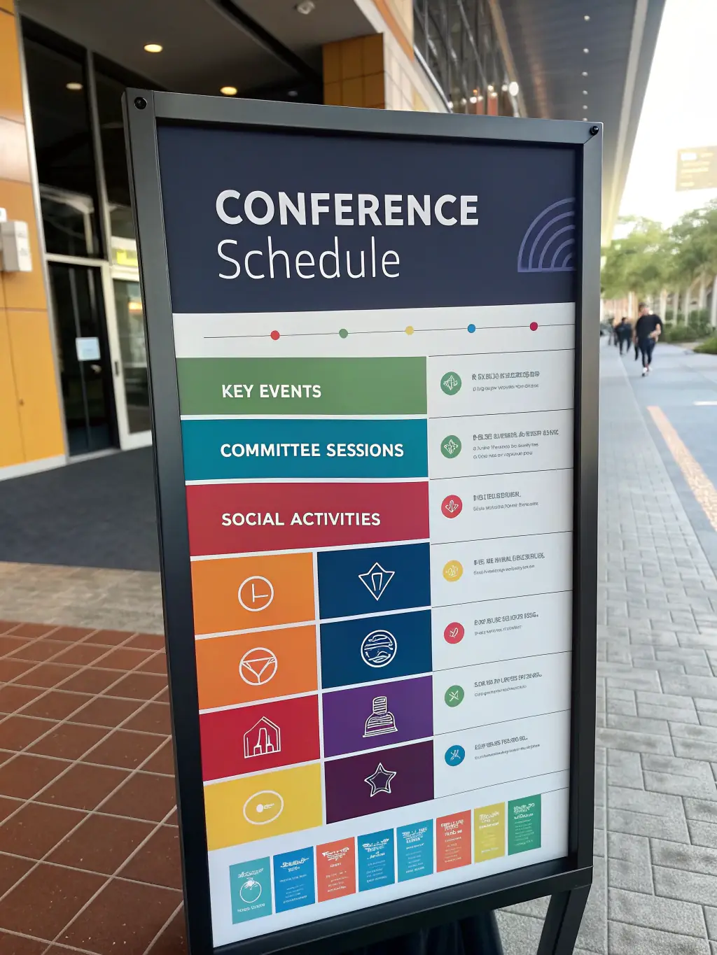 A schedule graphic for the 'Corporate Gathering 2025' conference, showcasing keynote speeches, panel discussions, and gala dinners.