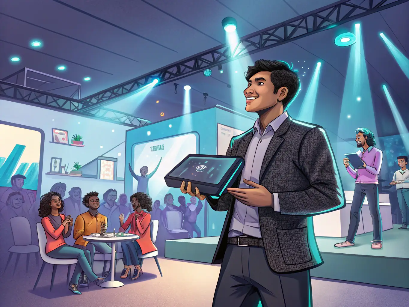 A dynamic image showcasing a startup pitch competition at a business conference in Bangalore, India. Entrepreneurs are presenting their ideas to a panel of judges.